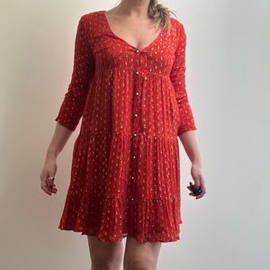 Sezané Red Print Silk Dress with Gold Details (size 36 / 6)